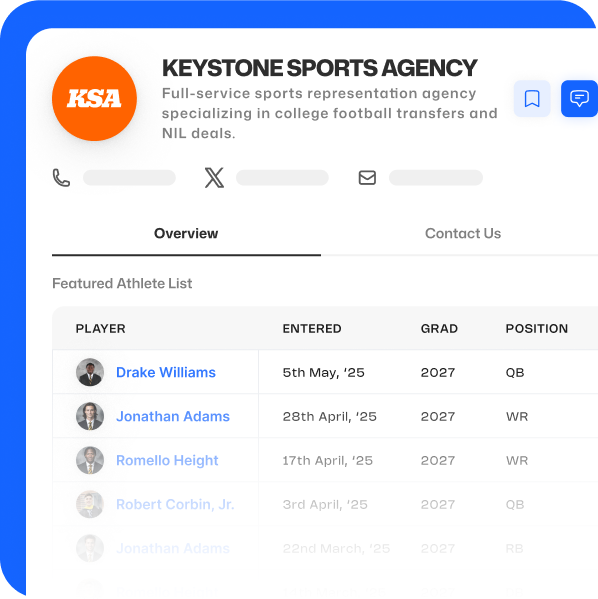UpNext flags every athlete’s verified representation status and connects you straight to our vetted Agency Network—keeping negotiations transparent, direct, and fully compliant.
